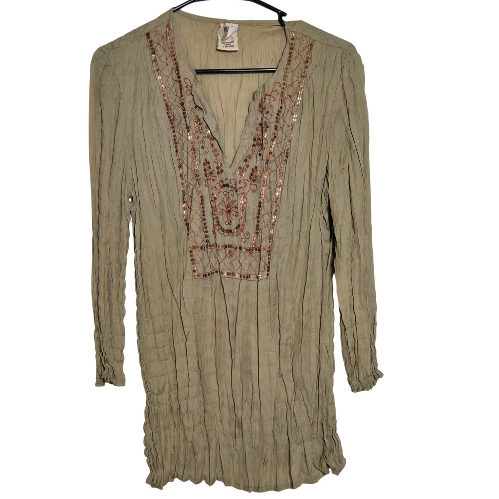 Y2K Faded Glory Tan Crinkle Embroidered Tunic Top Large Boho Hippie Festival
